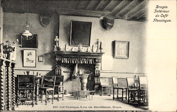 Ak Bruges Brügge Flandern Westflandern, Café Flessingue, Innenansicht, Stühle, Kamin, Bilder an d