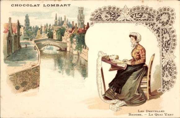 Postcard Bruges Bruges Flanders West Flanders, Les Dentelles, Le Quai Vert, Chocolat Lombart