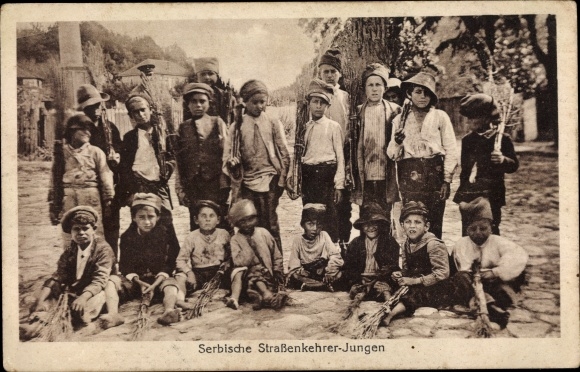 Postcard Serbian street sweeper boys, group portrait