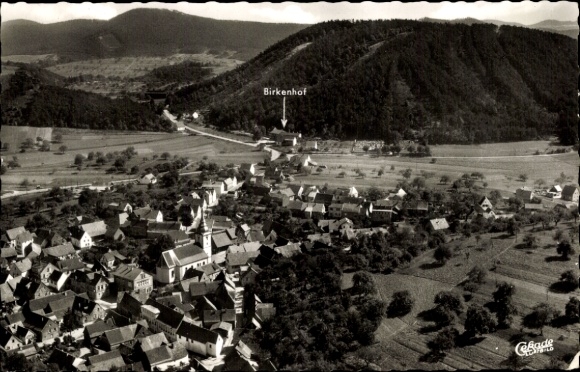 Postcard Gossersweiler in the Palatinate, aerial view of Birkenhof, hill in the background, houses, church