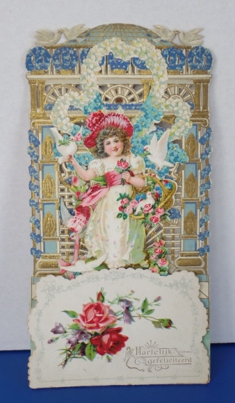 Backdrop card 3D wafer standee, congratulations, girl with basket of flowers, doves, roses