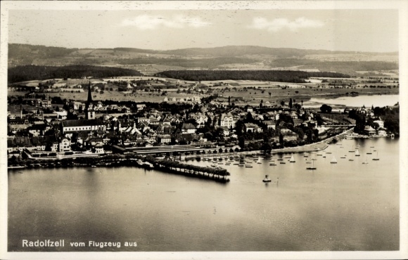 Postcard Radolfzell am Bodensee, aerial view of lake shore, boats, landscape
