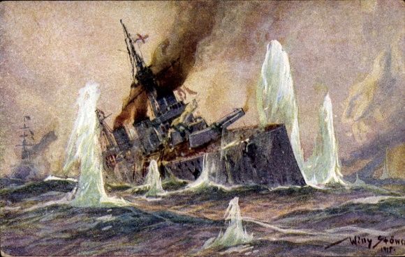 Artist Postcard Stöwer, Willy, Naval Battle North Sea 1915, English Battlecruiser, German Cruisers