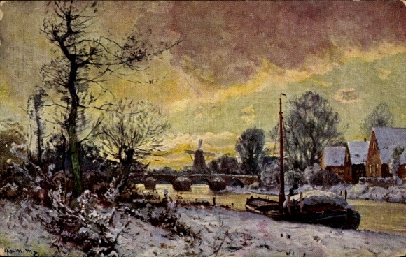 Artist Postcard Winter Landscape with Boat and Windmill