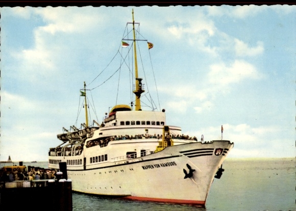 Ansichtkaart Cuxhaven, wapenschild van het passagiersschip van Hamburg, vertrek vanaf de Alte Liebe, HADAG