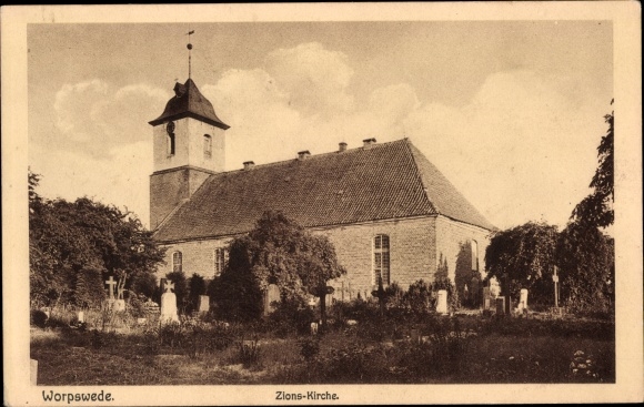 Postcard Worpswede in Lower Saxony, Zion Church, cemetery