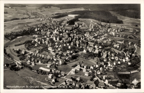 Postcard St. Blasien in the Black Forest, aerial view of St. Georgen, mountain health resort, many houses, green