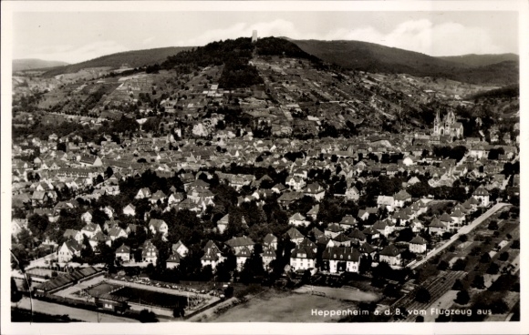 Postcard Heppenheim an der Bergstraße, aerial view of mountains in the background, church visible, residential area