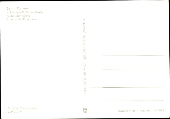 Postcard Berlin Pankow, Johannes R. Becher Straße, Bürgerpark, Ossietzky Straße
