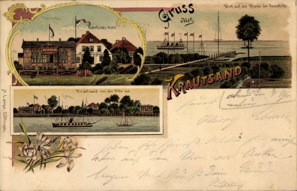 Chromo-Litho Elbinsel Krautsand Drochtersen in the district of Stade, Buhrfeinds Hotel, roadstead of the seagoing vessels