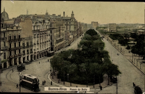 Postcard Buenos Aires, Paseo de Julio, houses, tram