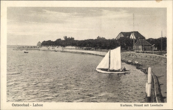 Postcard Ostseebad Laboe, spa house, beach with reading room, sailboat