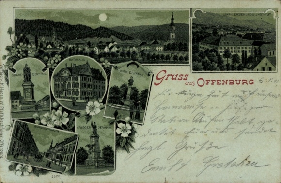 Moonlight Chromo-Litho Offenburg in Baden Black Forest, Oken Monument, Drake Monument, Town Hall, Bahnhofstrasse