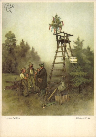 Artist Postcard Geilfus, H., Foresters build a tree stand, topping-out ceremony, reconstruction