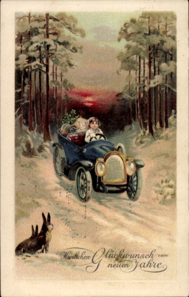 Präge Ak Glückwunsch Neujahr, Kind im Auto, Geschenke, Hasen