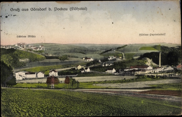 Ak Görsdorf Pockau im Erzgebirge, Panorama, Hüblers Mühle, Hüblers Papierfabrik