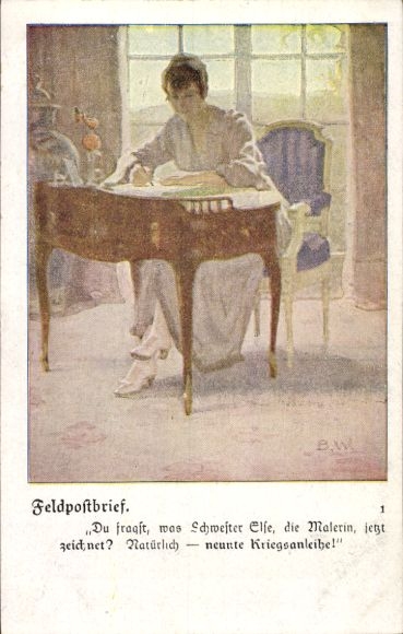 Artist Postcard Wennerberg, Bruno, field post letter, woman writing, ninth war bond
