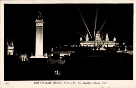 Postcard Barcelona Catalonia Spain, World Exhibition 1929 at night, illuminated