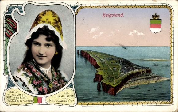Picture North Sea island of Heligoland, general view, woman in traditional costume
