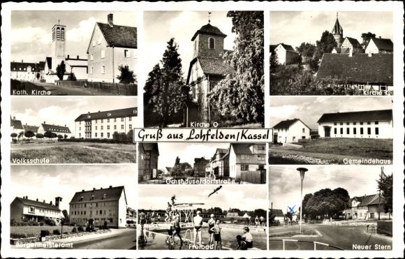 Postcard Lohfelden in Hesse, church, community center, elementary school, mayor&#39;s office, Ochshauserstrasse