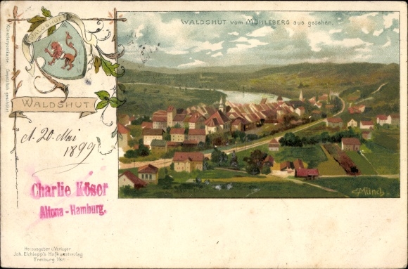 Artist coat of arms Chromo-Litho Münch, C., Waldshut Tiengen in Baden Württemberg, city panorama