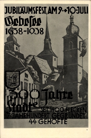 Künstler Ak Gebesee in Thüringen, Jubiläumsfest 1638-1938, 300 Jahre, Kirchen, Wappen