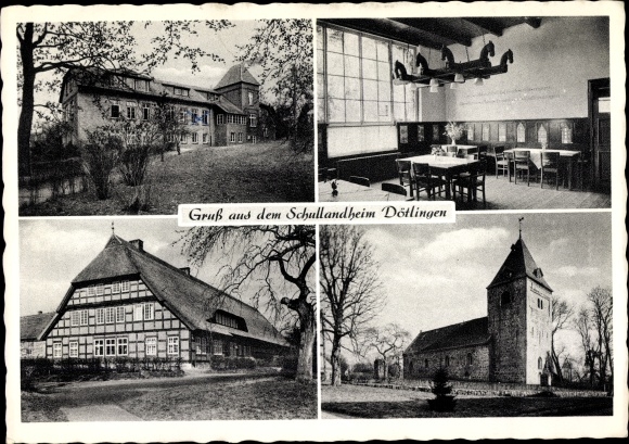 Postcard Dötlingen in Oldenburg, Church of St. Firminus, school hostel