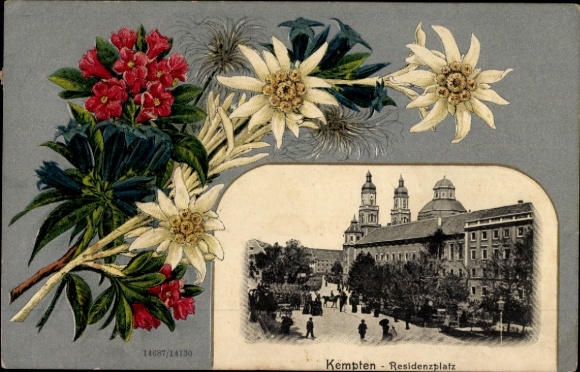 Embossed Passepartout Postcard Kempten im Allgäu Swabia, Residenzplatz, flowers, edelweiss, gentian
