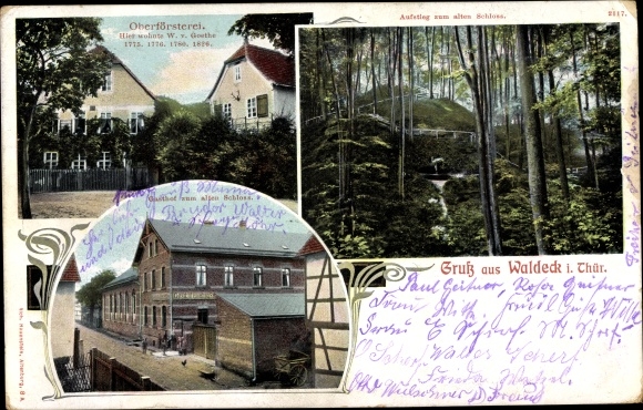 Ak Waldeck in Thüringen, boswachter, klim naar het oude kasteel, herberg naar het oude kasteel