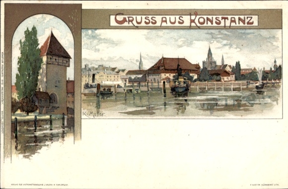 Artist Chromo-Litho Mutter, K., Konstanz on Lake Constance, city view, tower