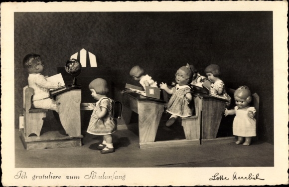 Postcard Congratulations on starting school, dolls, photographer Lotte Herrlich