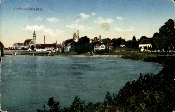 Postcard Donauwörth in Swabia Bavaria, city view, river, historical buildings, hills, blue sky