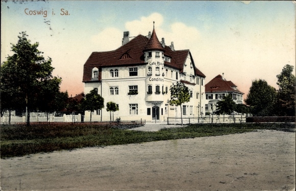 Postcard Coswig in Saxony, street section, pastry shop, cafe