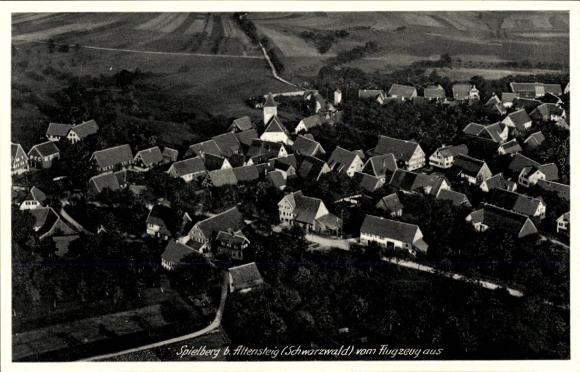 Postcard Spielberg Altensteig in the Black Forest, aerial photograph of Spielberg near Altensteig, Black Forest, vi
