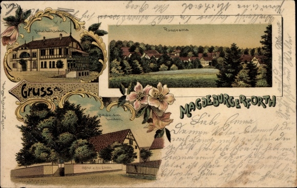 Litho Magdeburgerforth Möckern in Jerichower Land, binnenplaats naar de drie lindebomen, hotel, panorama