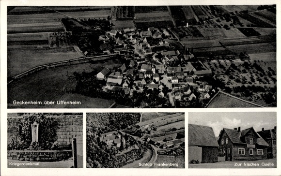 Postcard Geckenheim Weigenheim, aerial photograph, war memorial, Frankenberg Castle, To the fresh spring