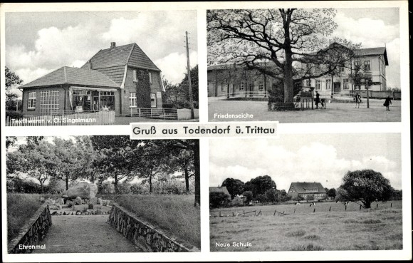 Ak Todendorf im Kreis Stormarn, Textilwaren Cl. Singelmann, Ehrenmal, Friedenseiche, Schule