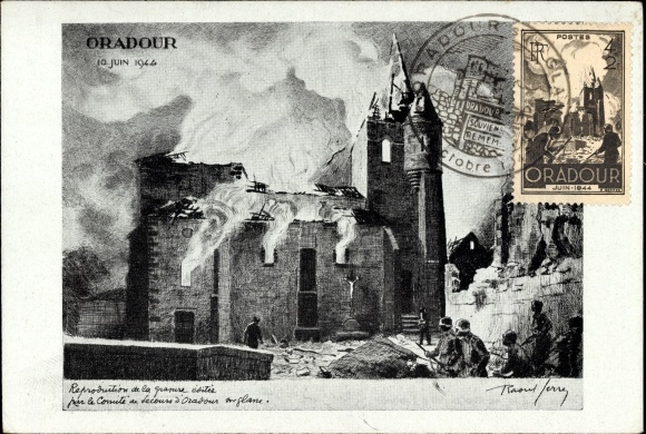 Maximum Artists Postcard Serres, Raoul, Oradour sur Glane Haute Vienne, burning church, destruction 1944