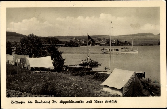 Postcard Paulsdorf Dippoldiswalde in the Eastern Ore Mountains, tent camp, house lake view, boat
