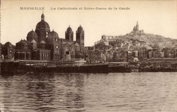 Ak Marseille Bouches du Rhône, Kathedrale, Notre-Dame de la Garde, Hafenansicht