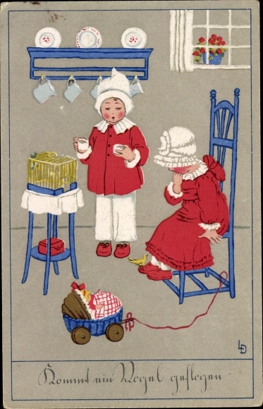 Artist Postcard Döring, Lia, A bird comes flying, boy, girl, birdcage