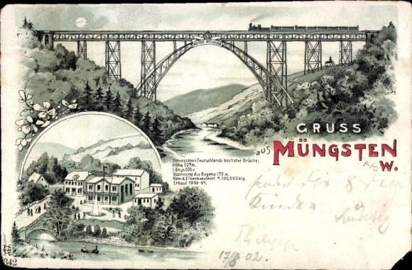 Litho Müngsten Solingen in Nordrhein Westfalen, Eisenbahnbrücke, Gasthaus