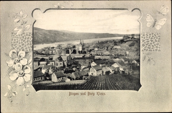 Passepartout Postcard Bingen am Rhein, Panorama, Klopp Castle