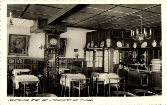 Postcard Opladen Leverkusen in the Rhineland, Parkrestaurant Krone, interior view, tables, bar, paintings, clock