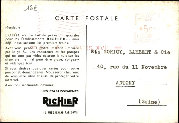 Postcard Reklame, Etablissements Richier, Rue Galvani, Paris XVII, Pinguin, Betonmischer