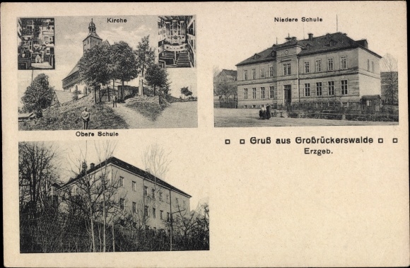 Ak Großrückerswalde in het Erzgebirge, lagere school, bovenbouw, kerk
