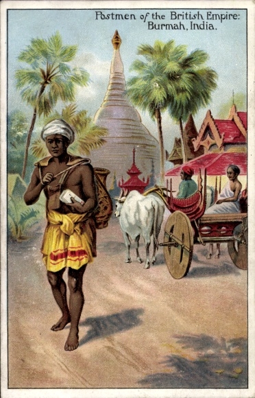 Künstler Ak Postbeamte des Britischen Empire, Briefträger in Burmah Indien, Rinderfuhrwerk