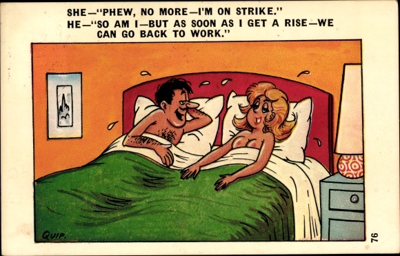 Artist Postcard Quif, Lovers in bed, She: Phew, no more, I&#39;m on strike...