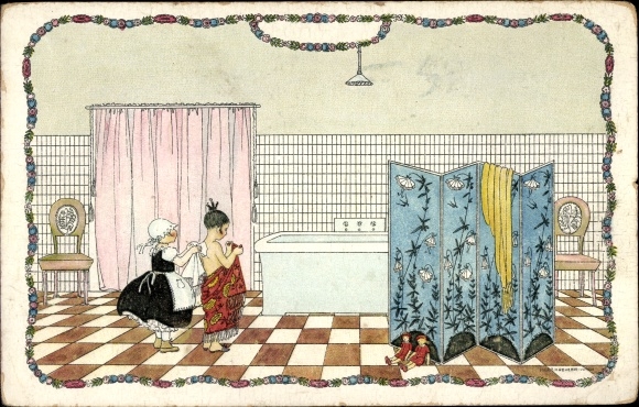 Artist PC Koehler, Mela, maid helps woman to undress, bathtub