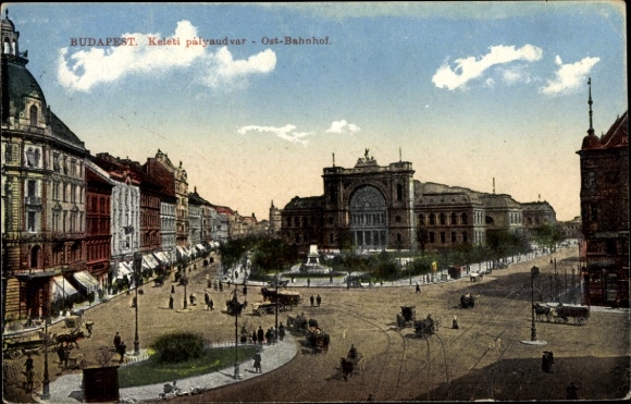 Postcard Budapest in Hungary, Eastern Railway Station, horse-drawn carriages, Anger